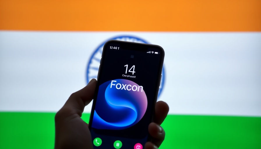 Smartphone with Apple and Foxconn logos, India flag background, minimalistic style.