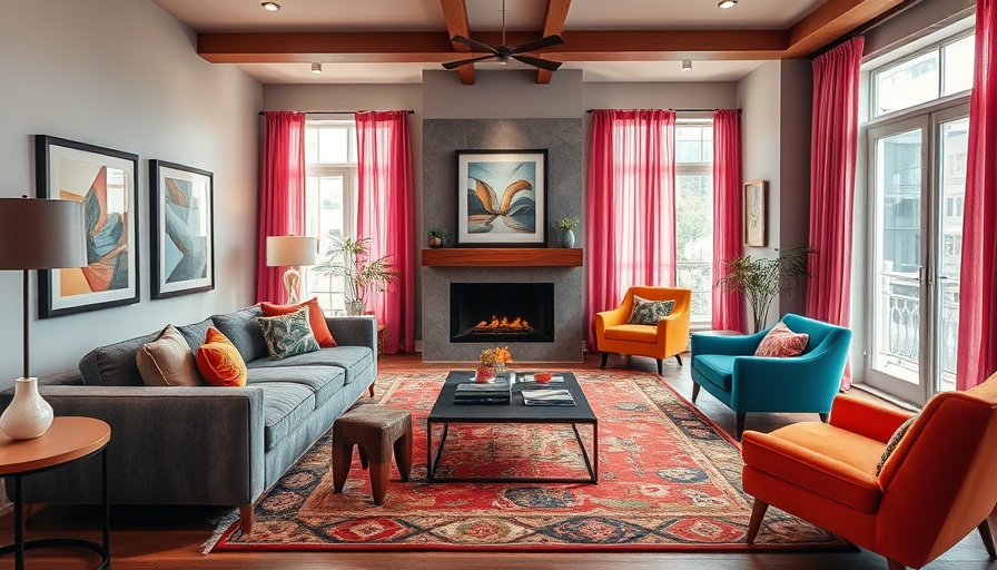 Stylish modern living room with vibrant decor and natural lighting.