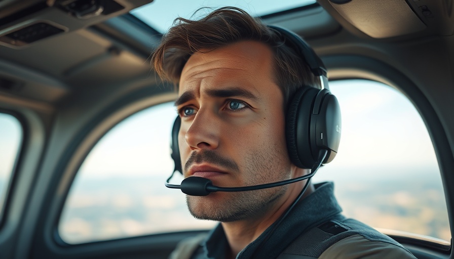 Focused man in cockpit wearing headset, serene sky background