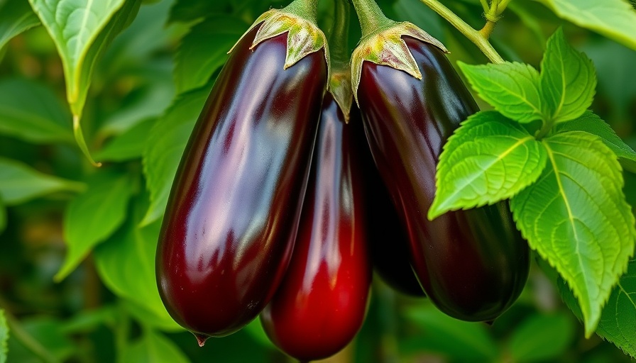 Glossy eggplants hanging on plant in lush green garden.