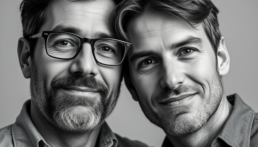 Monochrome portrait of two men posing together, highlighting congenial expression.