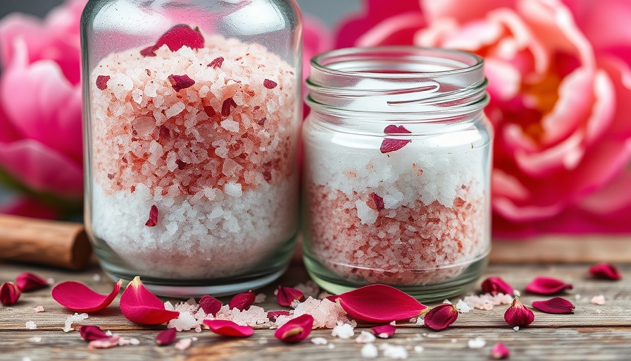 DIY Peony Bath Salts Recipe in glass jar with flowers.