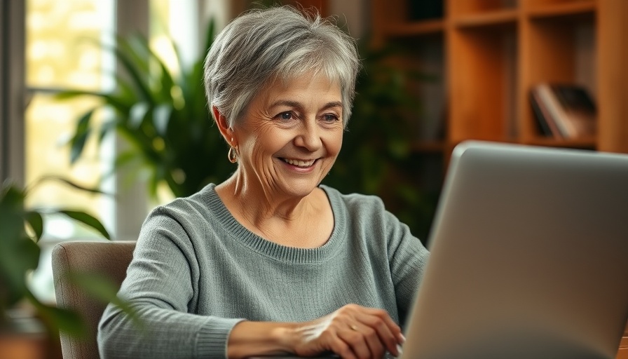 Elderly woman writing her memoir at 84, typing on a laptop.
