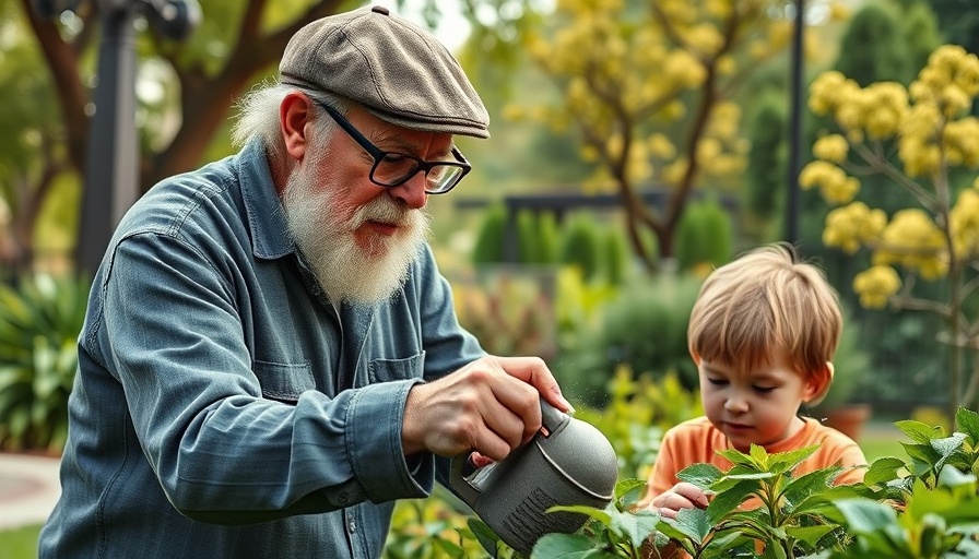 Elderly man and child engaged in gardening activities for kids.