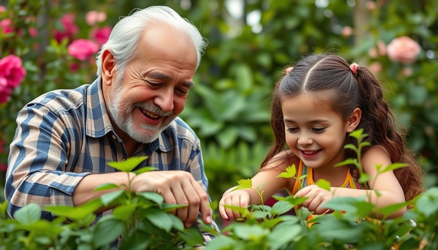 Elderly man and young girl enjoying gardening activities for kids in lush garden.
