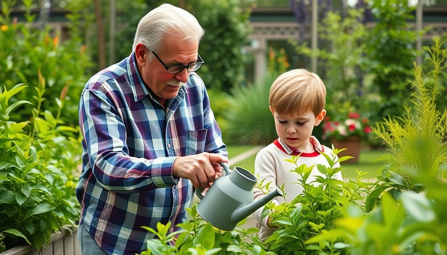 Elderly man and child gardening and watering plants together.