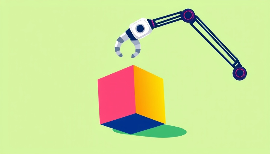 Minimalist cartoon of robotic arm assembling a cube on green.