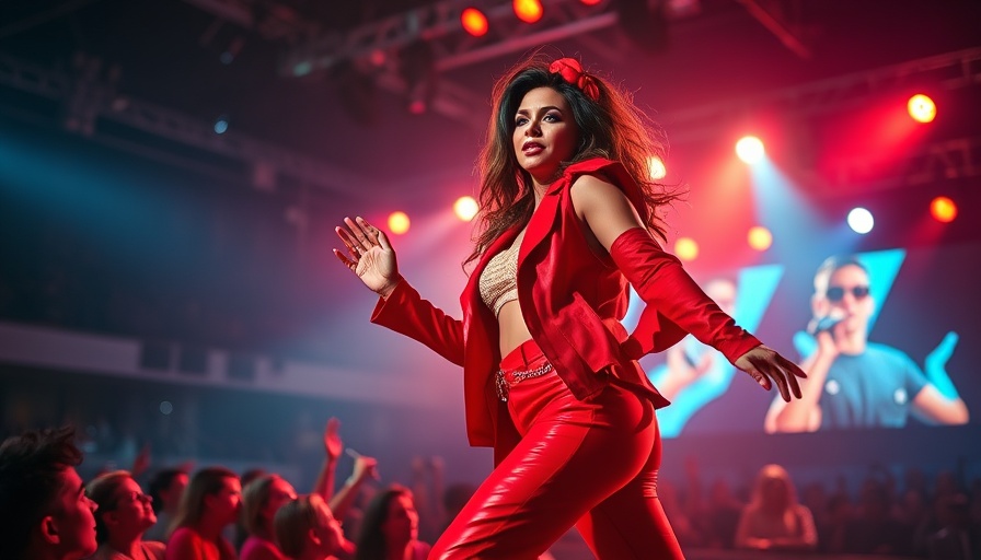 Female performer on stage in red outfit during a concert.