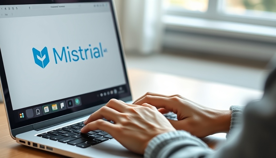 Mistral AI logo on a laptop screen with hands typing on keyboard