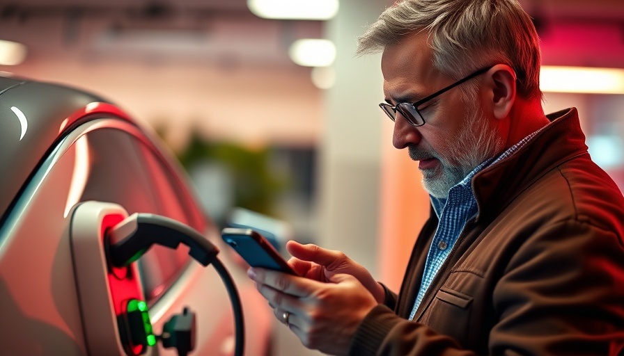 Man checks phone while electric car charges to prevent repossession.