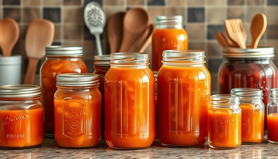 Homemade fruit canning jars on a kitchen counter.