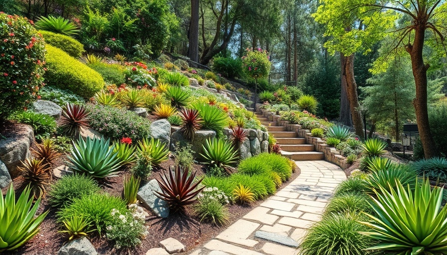 Charming hillside garden with stone path at Stinson Beach gardens open for special event.