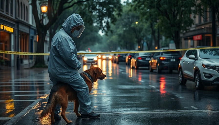 Investigator and dog at rainy crime scene, linked to Starmer arson.