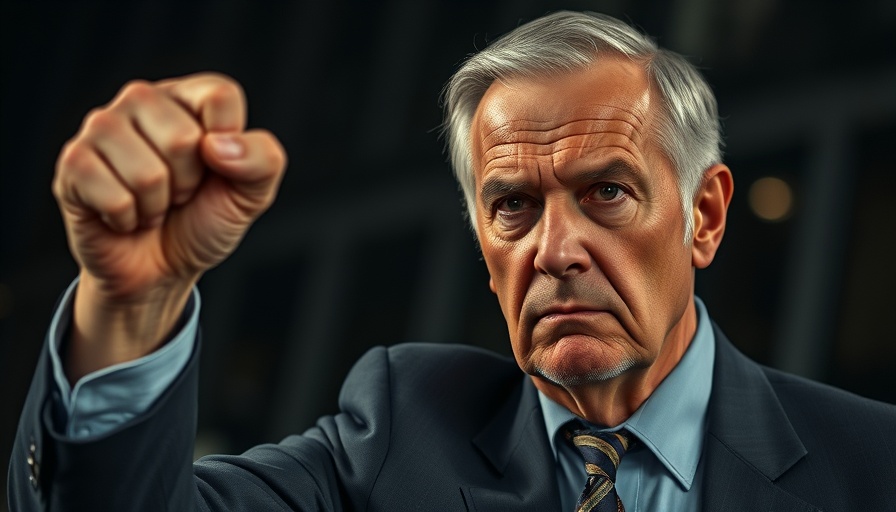 Older man, serious expression, raising fist, Trump 50% tariff EU