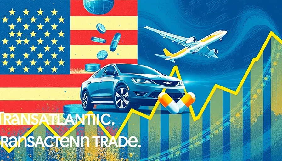 EU exports affected by Trump's 50% tariff; car, airplane, pills in graphic.