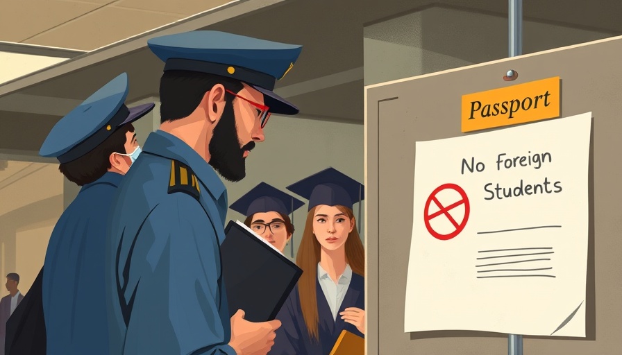 Artistic depiction of passport officer with graduate silhouettes and note saying 'No Foreign Students'.