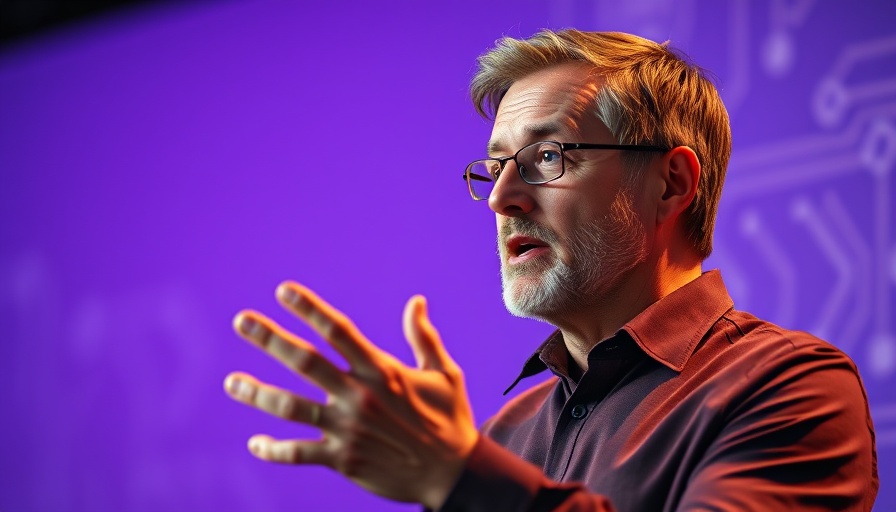 AI agents transforming jobs: Man speaking animatedly with a purple backdrop