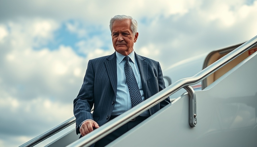 Senior man in suit exiting aircraft under cloudy sky