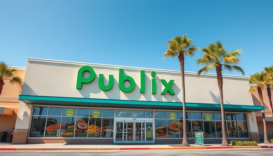 Publix store exterior with green signage, food images, palm trees.