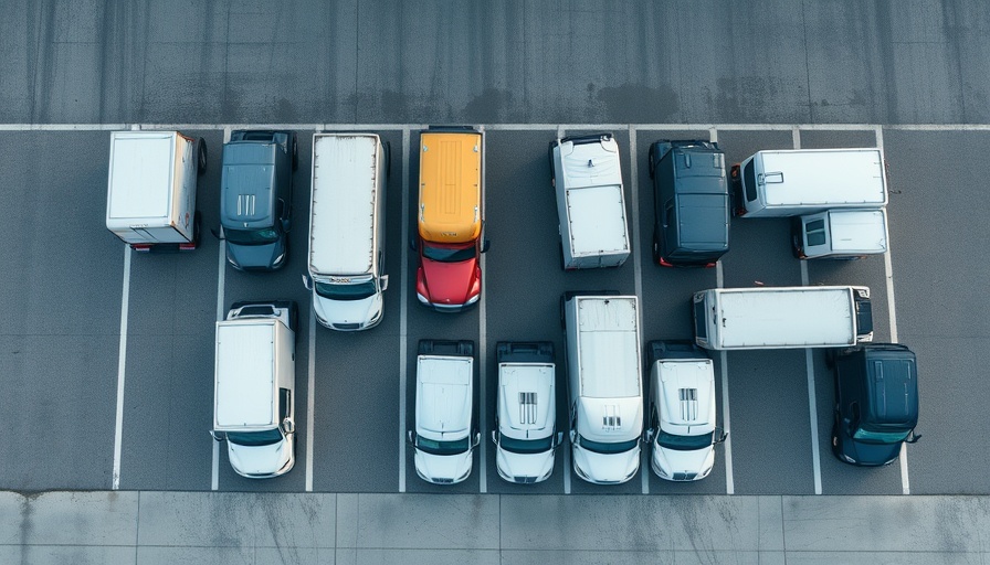 Aerial view of semi-trucks parked in a lot related to Uber Freight AI