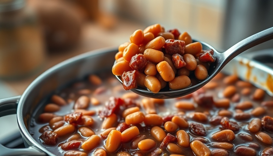 Delicious baked beans with bacon being served, perfect recipe image.