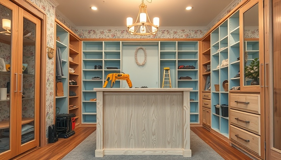Unfinished wooden closet island in walk-in closet build.