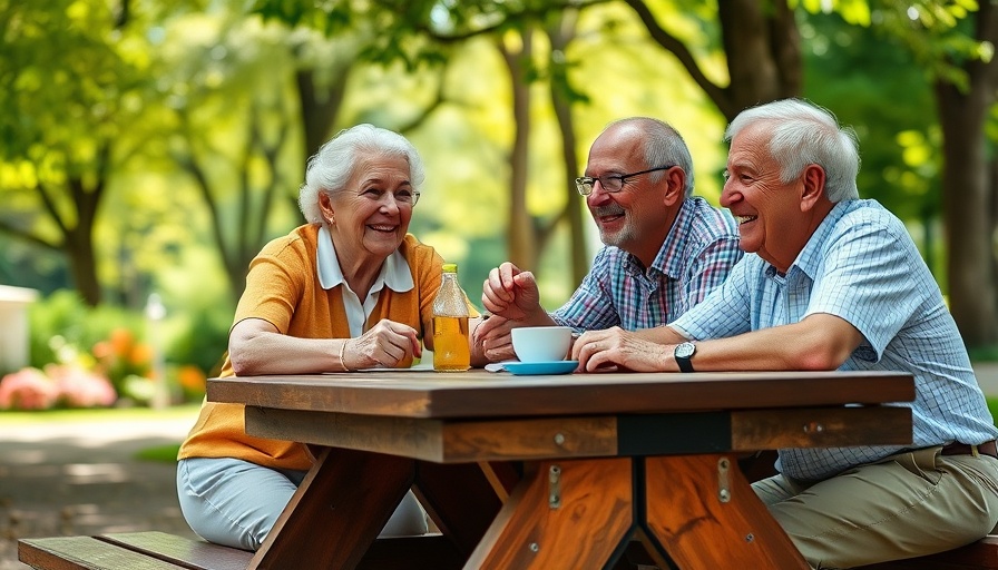 Elderly people conversing at a park bench, symbolizing healthy aging.