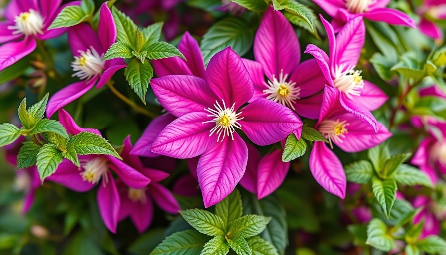 Vibrant clematis flowers blooming with green leaves.