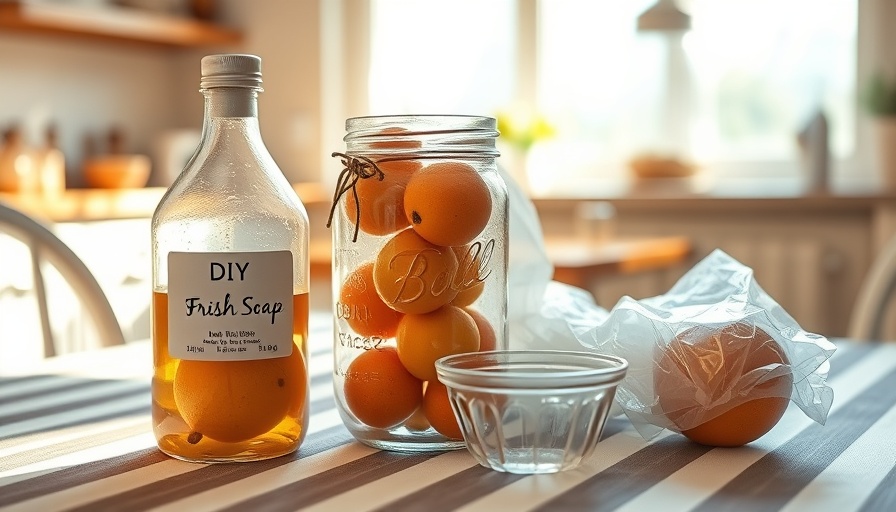 DIY fruit fly trap setup with jar, dish soap, and plastic wrap on table.