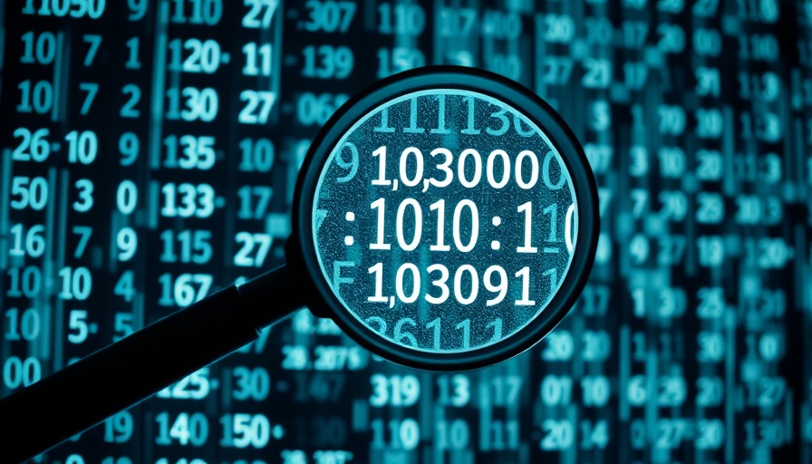 Digital matrix with numbers and magnifying glass, mysterious coding theme.