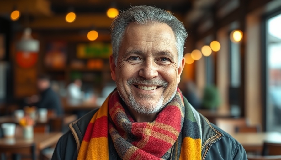 Middle-aged man smiling warmly in a cozy cafe setting. Going Forward is the Best Option