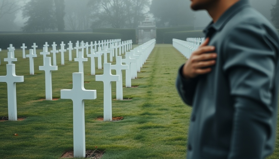 Cemetery scene with white crosses and Star of David, blurred figure in foreground.