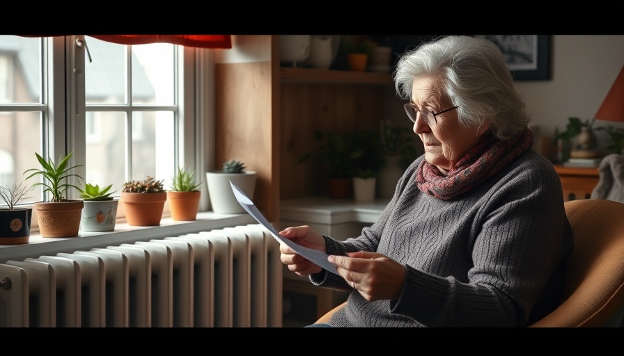 Elderly woman checking heating bill near radiator in cozy home.