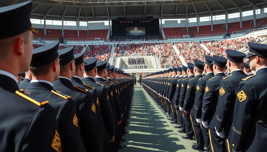 West Point cadets at graduation ceremony in large outdoor stadium.