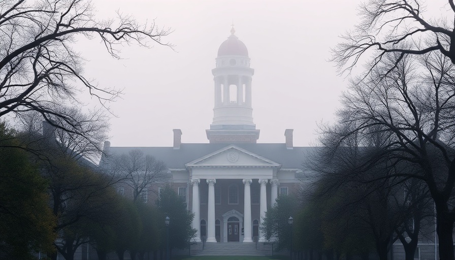 Iconic Harvard building with red dome in foggy ambiance.