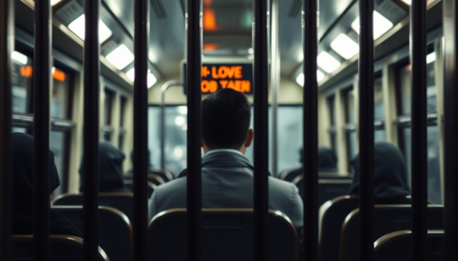 Bus seen through bars, symbolizing confinement, inside a station.