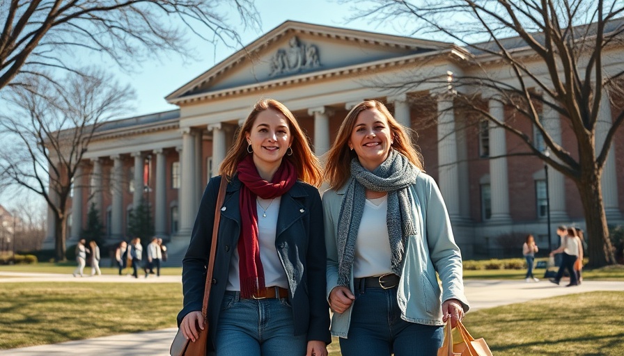 Women strolling on university campus in spring sunshine.