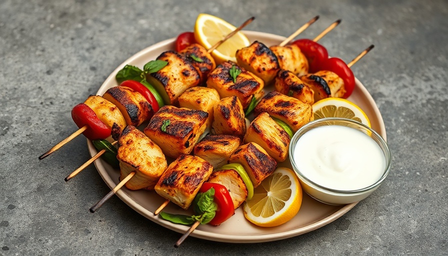 Colorful grilled chicken skewers with vegetables and dipping sauce, healthy recipes.