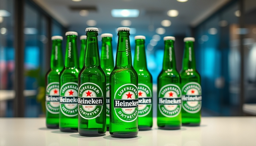Heineken beer bottles displayed, modern office setting.