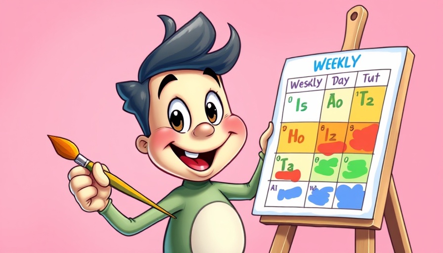 Cartoon character illustrating a colorful weekly schedule, 32-hour workweek benefits.