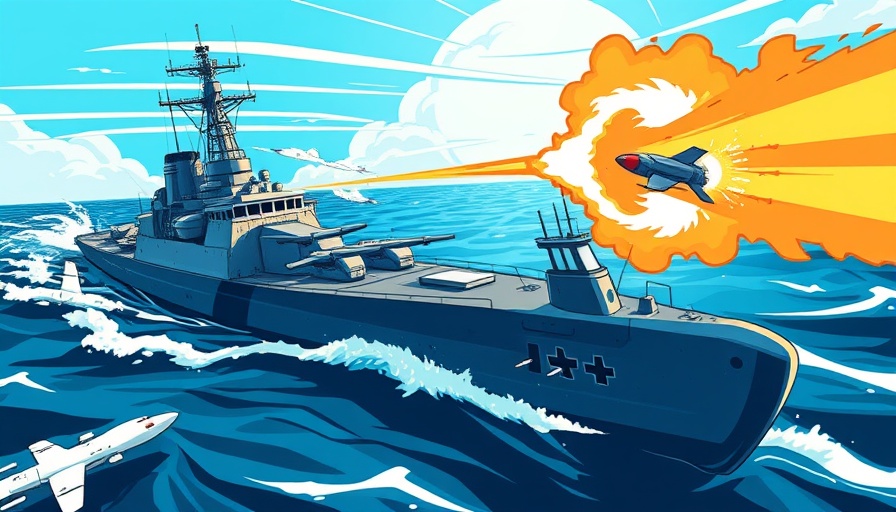 Cartoon illustration of defense technology with battleship under missile fire.