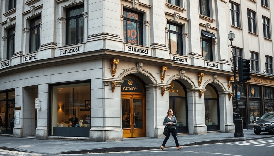 Historic financial building with pedestrian passing by in urban setting.