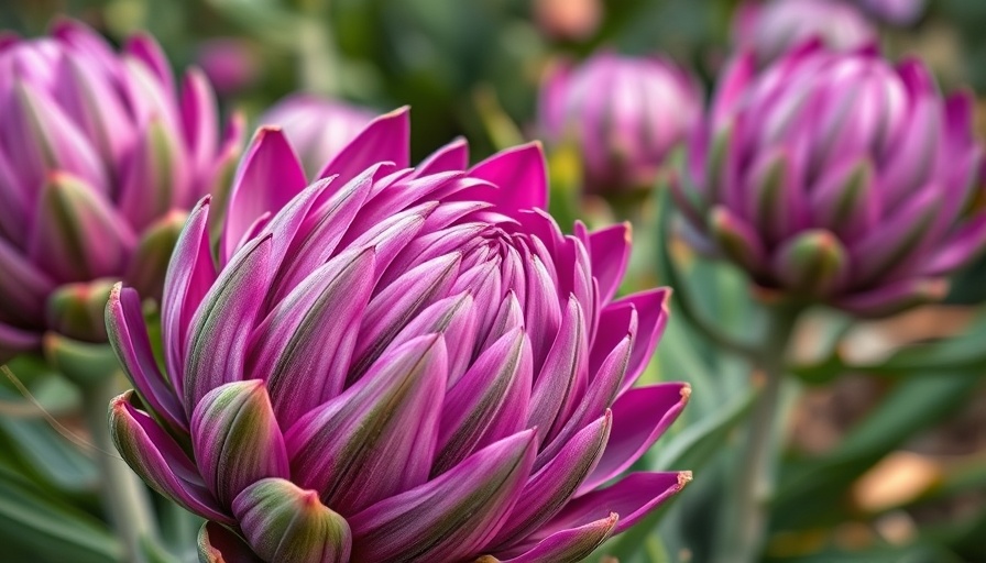 Flowering artichoke plant, vibrant purple petals, perennial vegetables to plant.