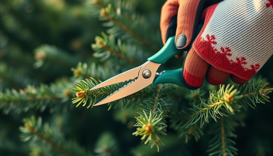 Pruning conifers with gloves and shears.