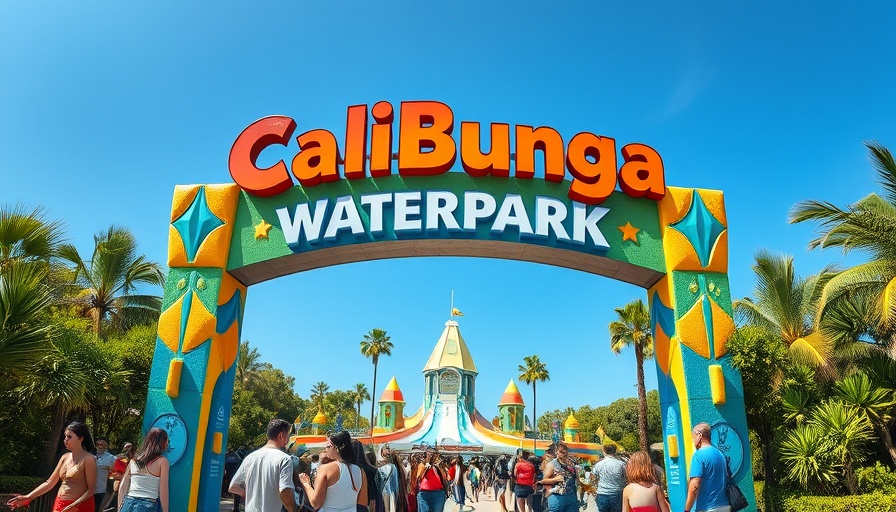 CaliBunga Waterpark entrance with visitors on a sunny day.