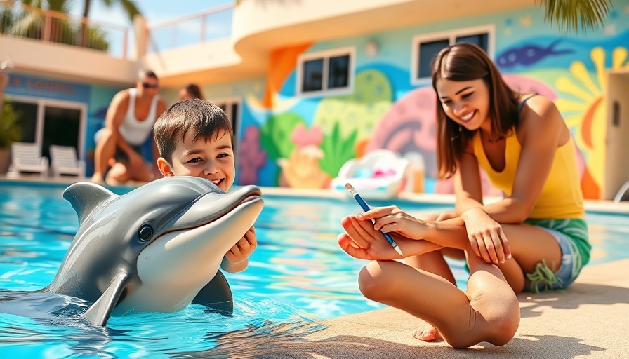 Animal interactions at Six Flags Discovery Kingdom - boy painting with dolphin.