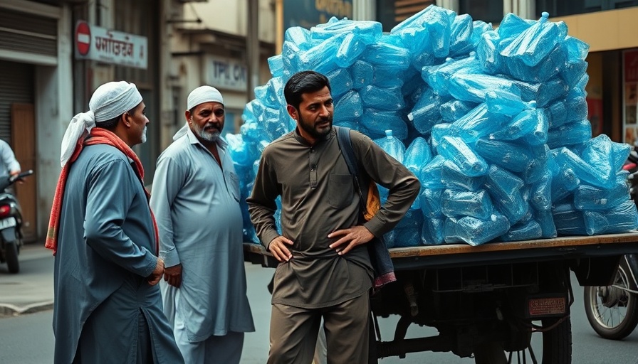 Men standing by vehicle loaded with plastic bottles, highlighting climate change.