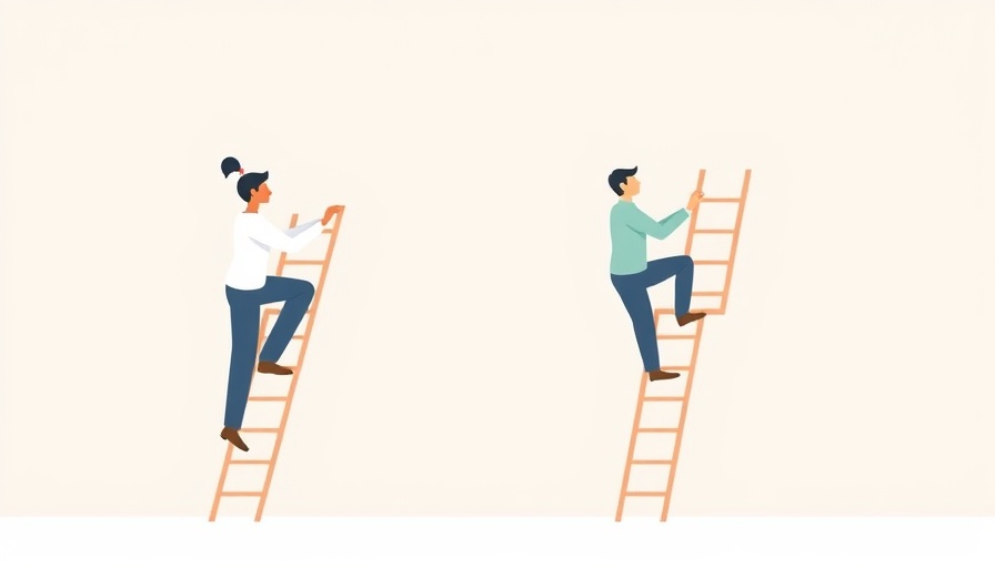 Minimalist illustration of career progression concept with two individuals on ladders.