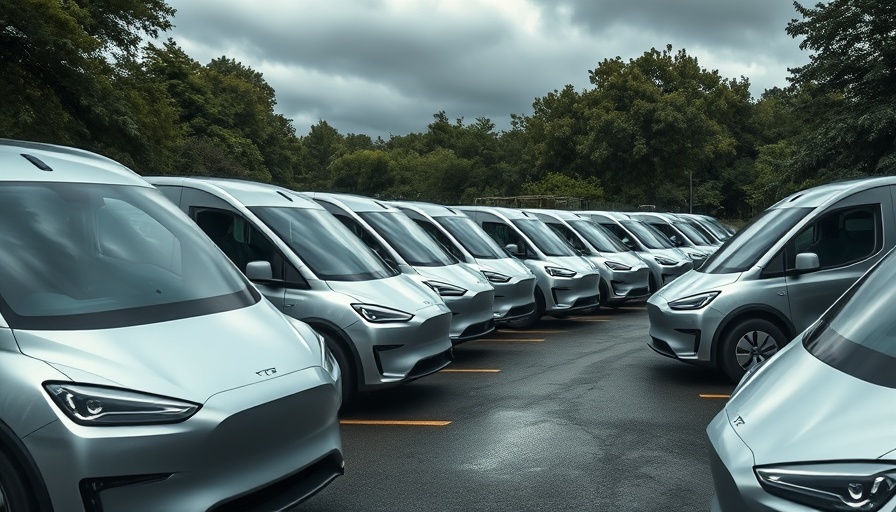 Futuristic Tesla Cybertrucks parked in a lot for trade-ins.
