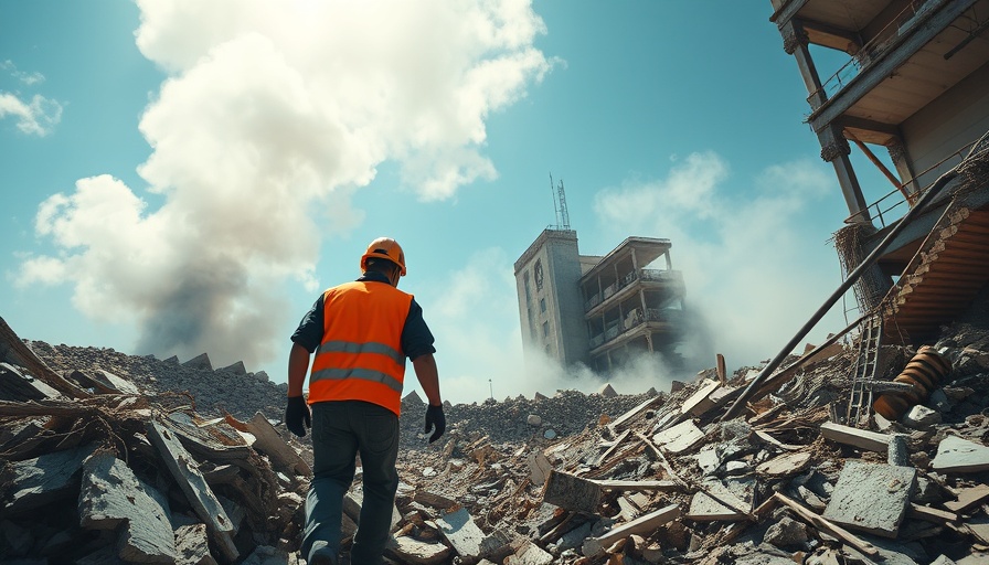 Rescue worker amid debris in disaster scene, Nippon Steel stock market news.